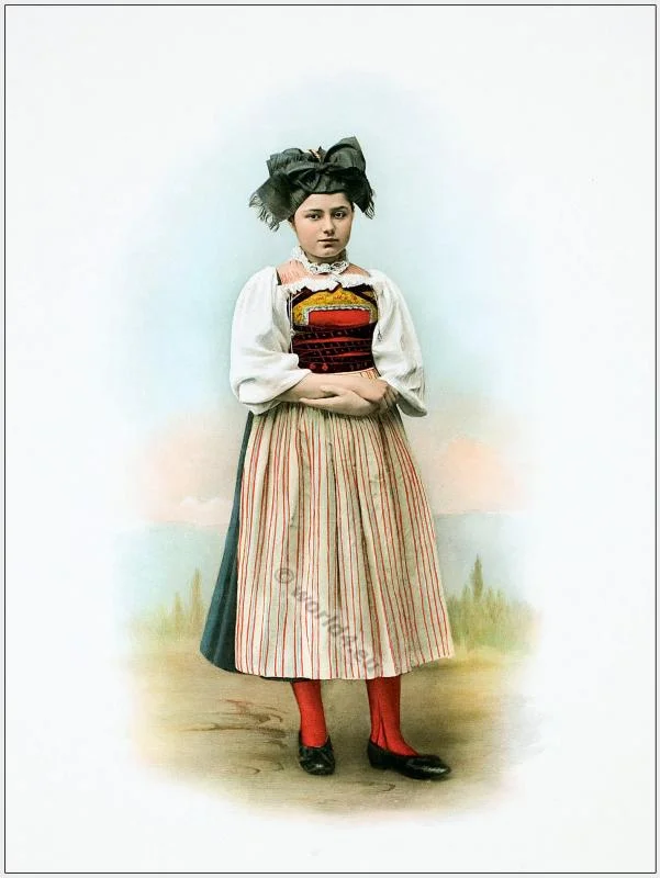 Traditional Switzerland national costumes. Swiss folk dresses. Clothing from the Canton of Aargau.