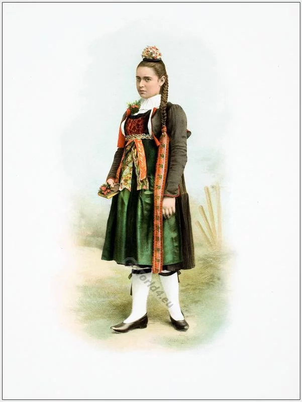 Traditional Switzerland national costume. Swiss folk dresses. Clothing Canton of Berne
