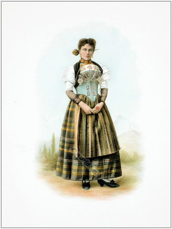 Traditional Switzerland national costumes. Swiss folk dresses. Clothing from the Canton of Unterwalden.