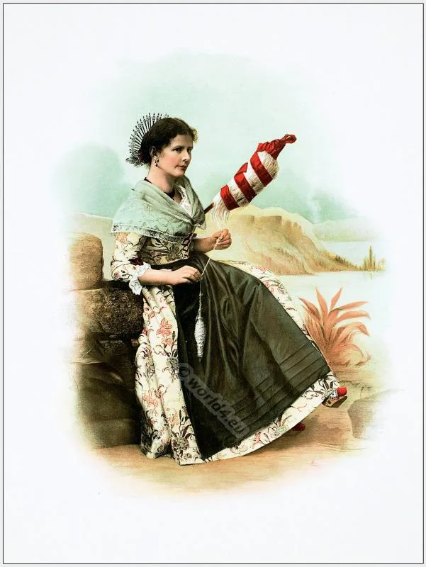 Traditional Switzerland national costumes. Swiss folk dresses. Clothing from the Canton of Ticino