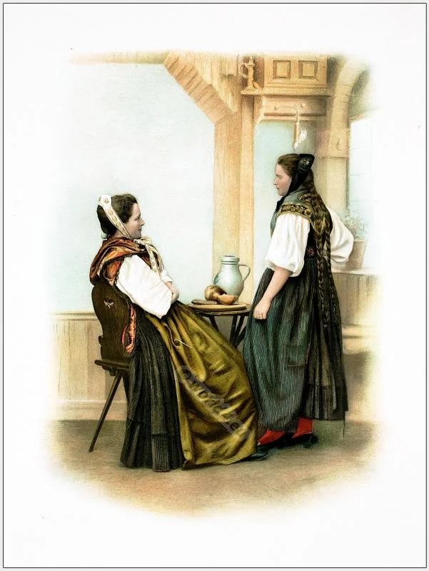 Traditional Switzerland national costumes. Swiss folk dresses. Clothing from the Canton of Basel.