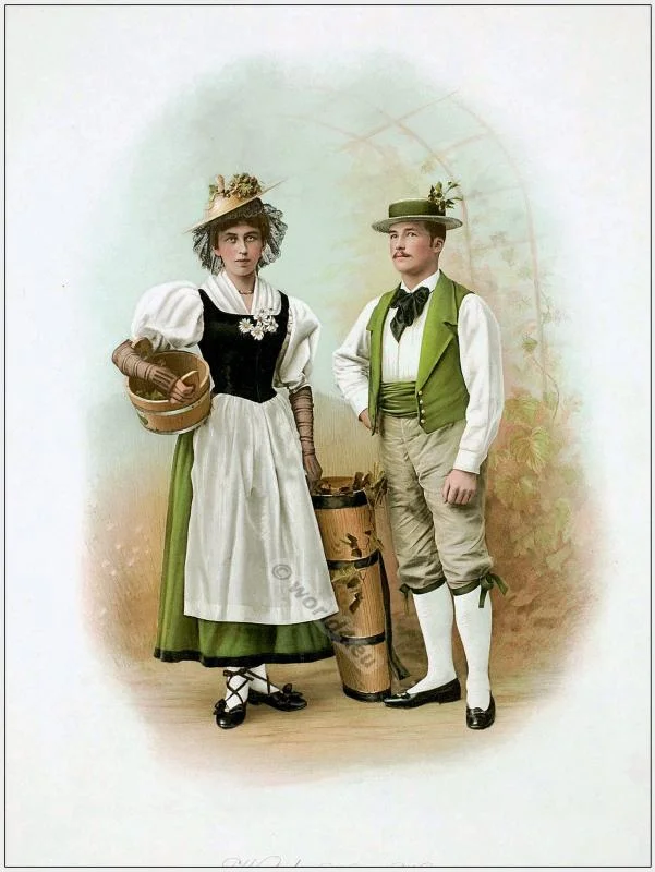 Traditional Switzerland national costumes. Swiss folk dresses. Clothing from Canton of Waadt