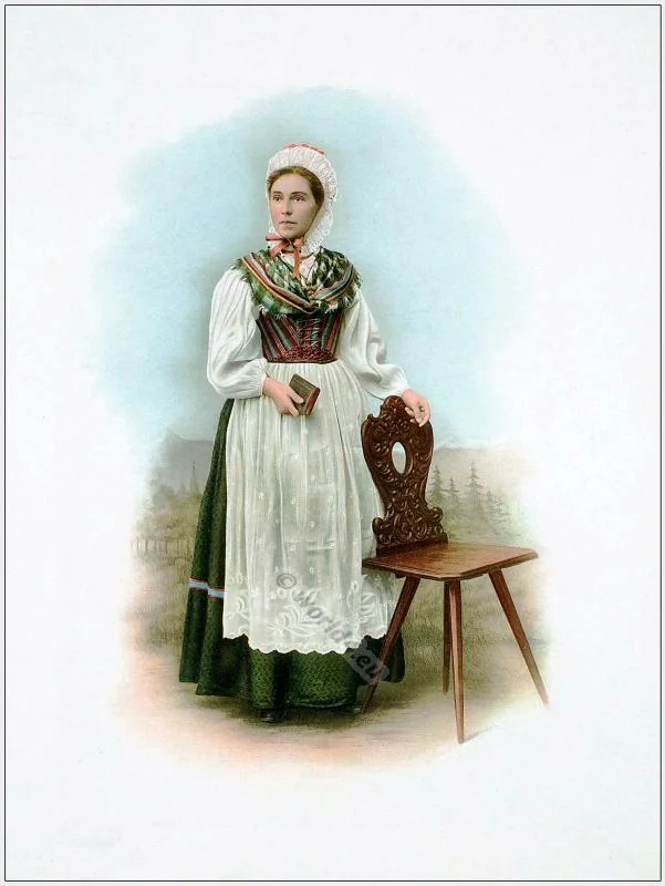 Traditional Switzerland national costumes. Swiss folk dresses. Clothing from Canton of Grisons.