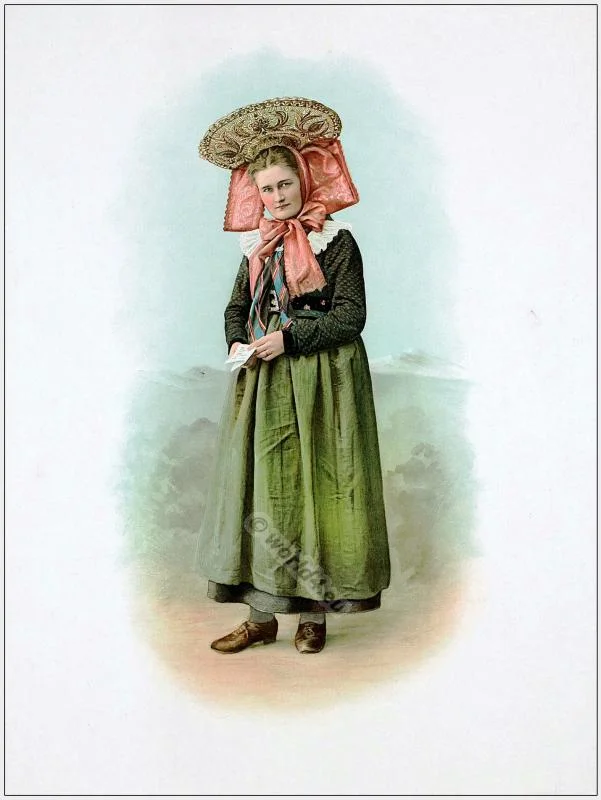 Traditional Switzerland national costumes. Swiss folk dresses. Clothing from Canton of St. Gallen