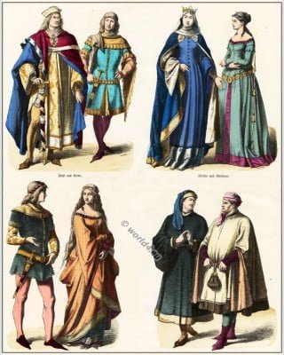14th century clothing. Middle ages gothic costumes. Court dress, Gown of German nobility. Medieval fashion ideas