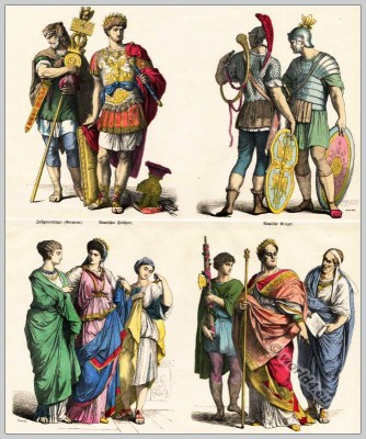 Ancient Roman costumes. Roman Legionnaire. Armed Roman commander in armor. Roman slave girl. Lictor. Roman Emperor