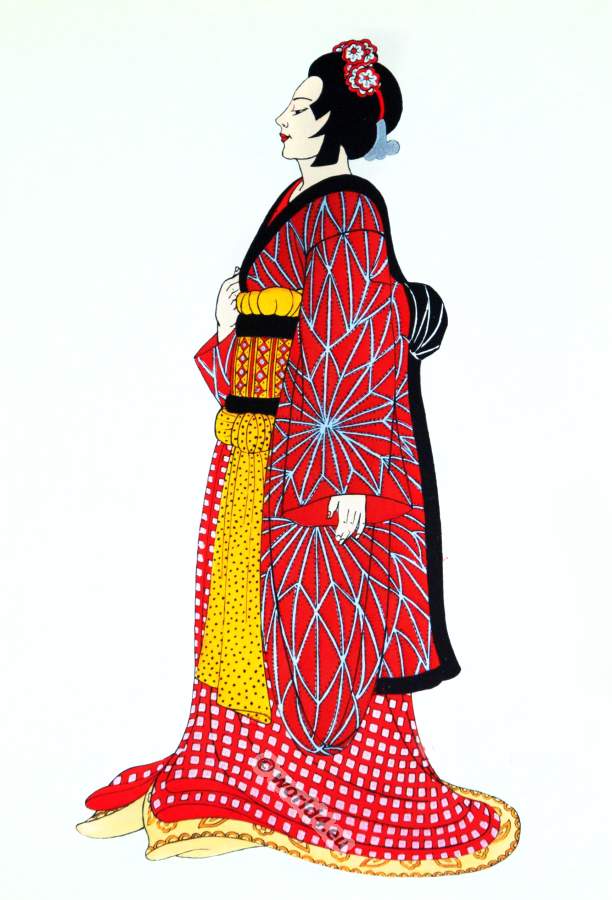 Puppet theater in Osaka. Traditional Japan national costumes. Antique kimono. Japanese Geisha costume. Ningyō jōruri clothing