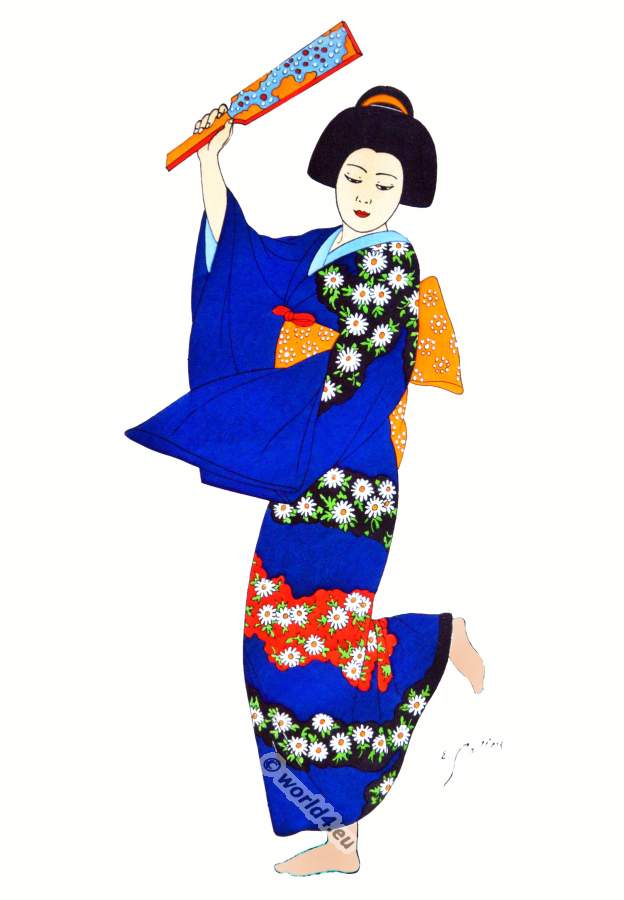 Traditional Japan national costumes. Antique kimono. Japanese Geisha costume.
