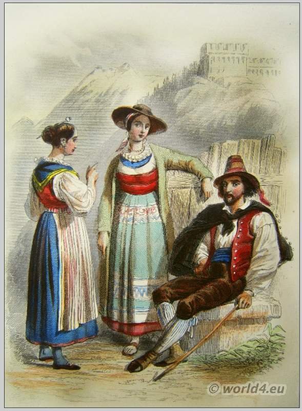 Traditional Switzerland national costumes. Swiss folk dresses. Clothing from Canton of Uri and Tessin.