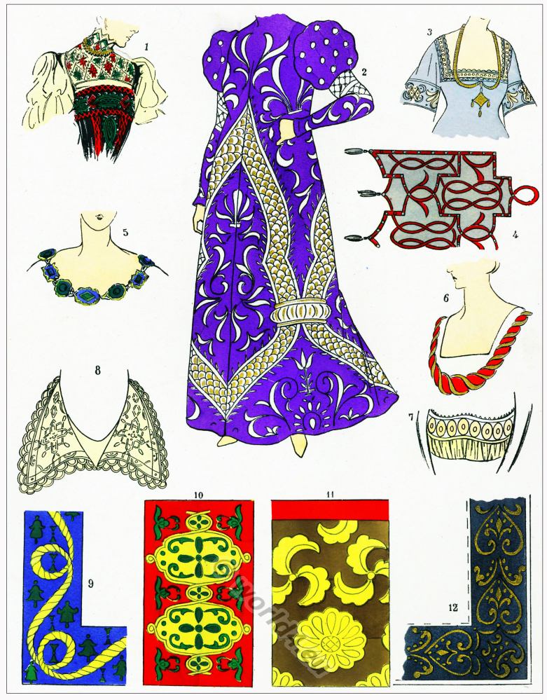 Renaissance lace design. Broderies, Dentelles. 16th century fashion.