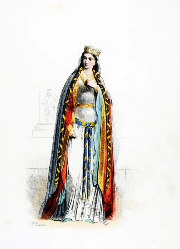 Clotilde, Frankish queen. Merovingian, costume history 5th century. 