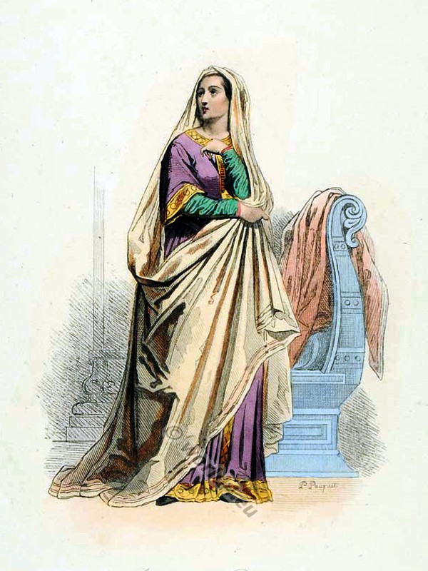 Medieval women costume in the reign of Charles the Bald.