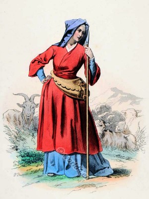 French Medieval Gothic woman clothing. 15th century fashion. Shepherdess costume