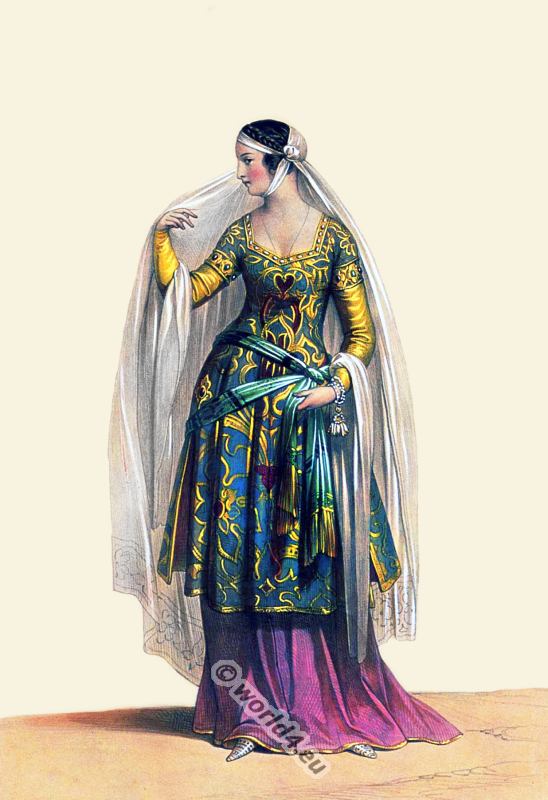 Dame, florentine, 13ème, siècle, costume, mode, l'histoire,