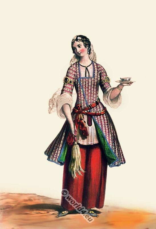 Female dress from Persia. Historical costume. 19th century.