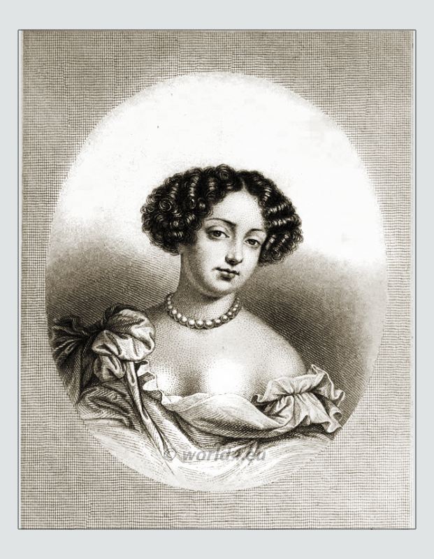 Marie Angélique de Scorailles. 17th century fashion. Baroque hairstyle.