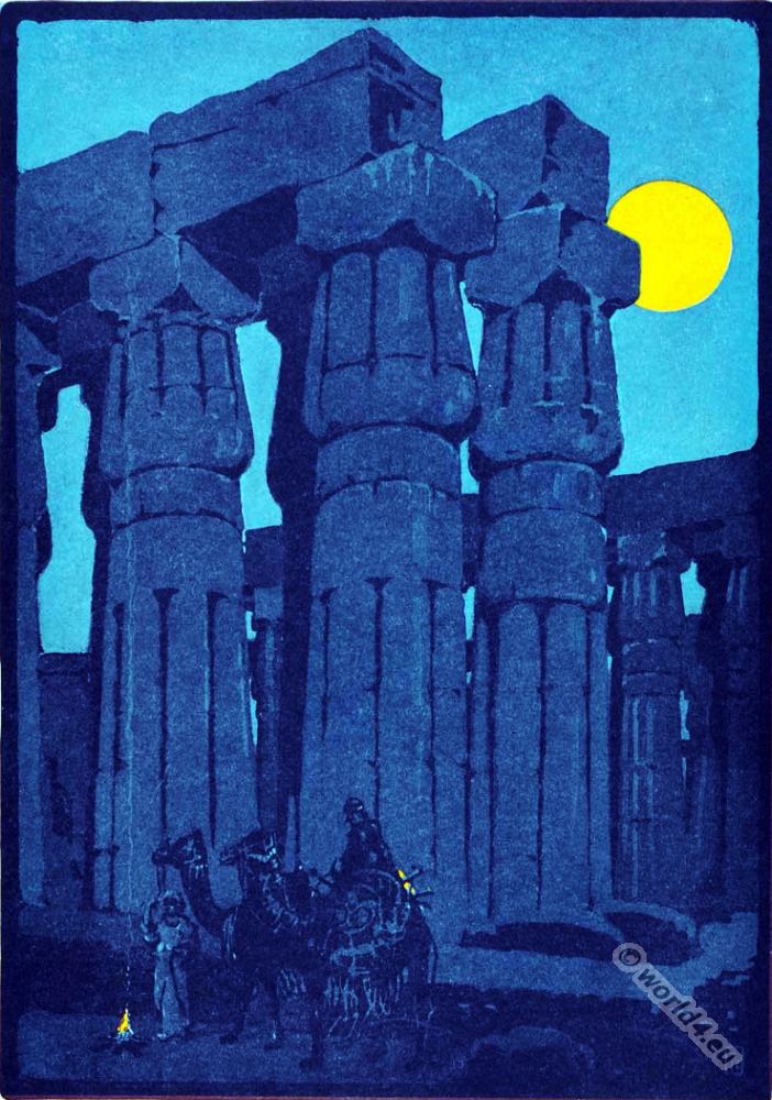 Ancient Egyptian architecture. The Tempel of Luxor. Egypt gods. Lithography.