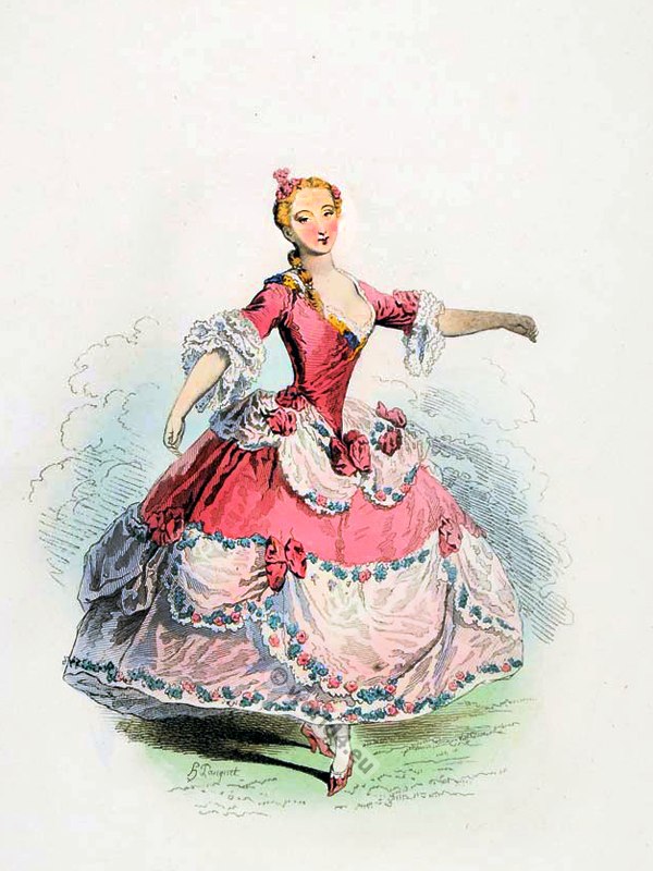 Marie Sallé, French Ballet Danseuse. Parisian Opera Dancer in Rococo costume. 18th century clothing. Louis XV Ancien Régime fashion.
