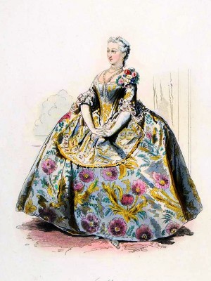 Marquise. Reign Louis XV. France Ancien Régime. Rococo fashion. Hoop skirt, Farthingale. Le Pouf.