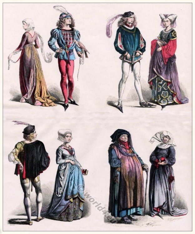 Medieval Clothing. Burgundian fashion. 15th century costumes. Middle Ages court of the Duchy of Burgundy