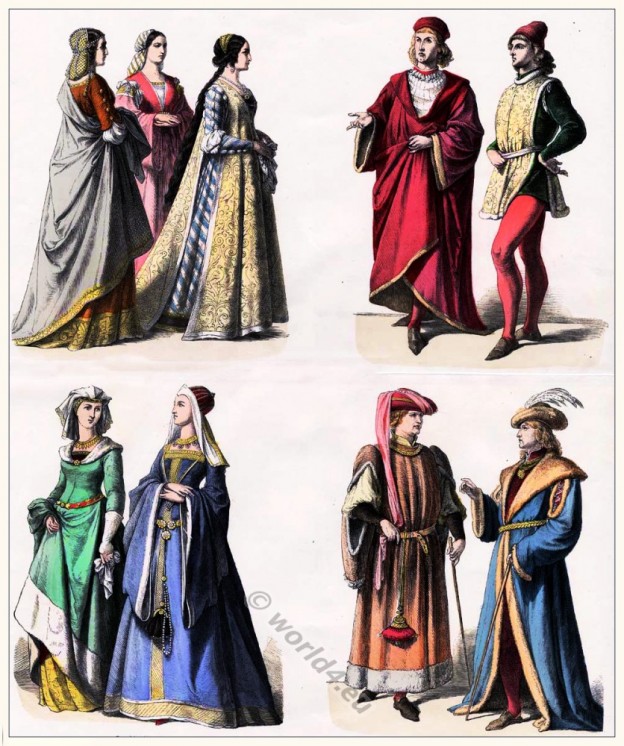 Burgundian fashion XV century. Renaissance clothing. Cotehardie, Kirtle, Doublet, Houppelande, Chemise, Smock, Bodice
