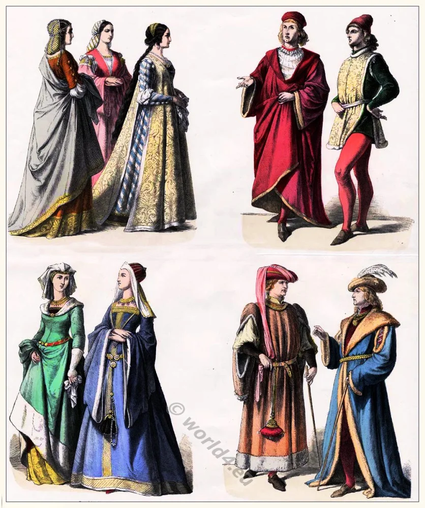 Burgundian fashion XV century. Renaissance clothing. Cotehardie, Kirtle, Doublet, Houppelande, Chemise, Smock, Bodice