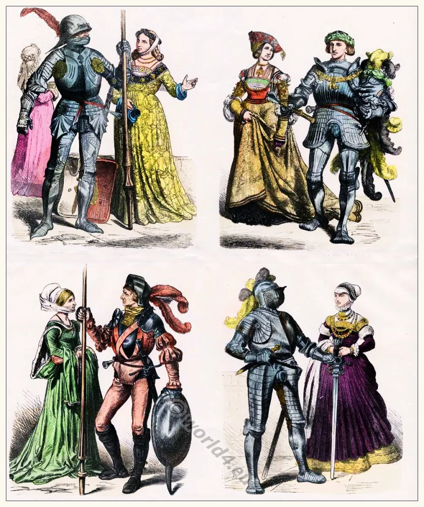 German knights, nobel women costumes. Medieval dresses. Renaissance clothing. Burgundian fashion.