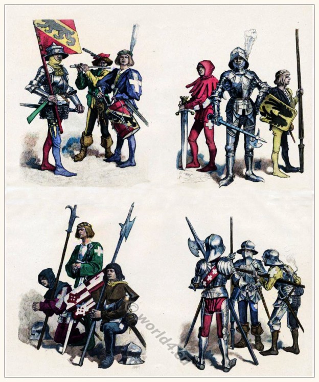 Swiss military costumes in XV. Century. Medieval Clothing. Middle Ages soldiers.