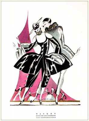 Masks. STYL Art Déco Fashion Magazine. German Art deco costumes 1920s. Roaring twenties fashion. Gibson Girls clothing.