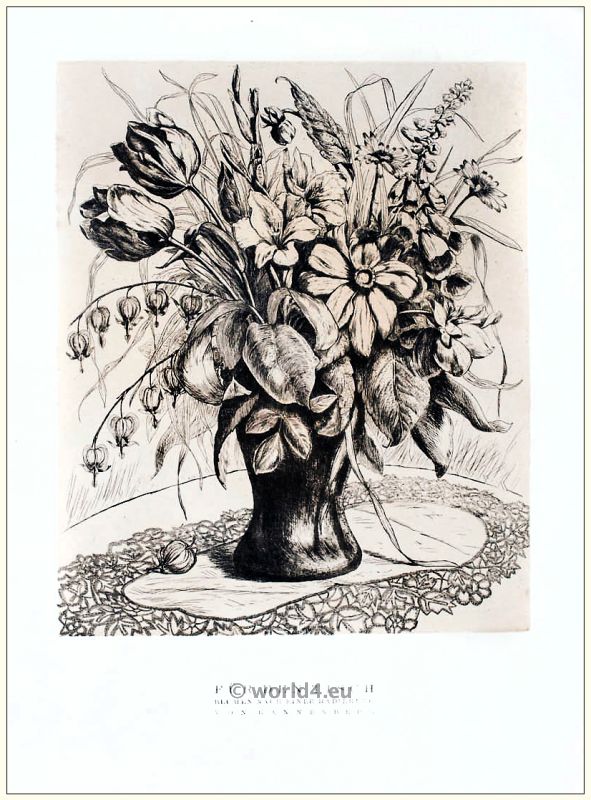 Art deco Flowers to an etching of Tannenberg. STYL, Art Déco Fashion Magazine.