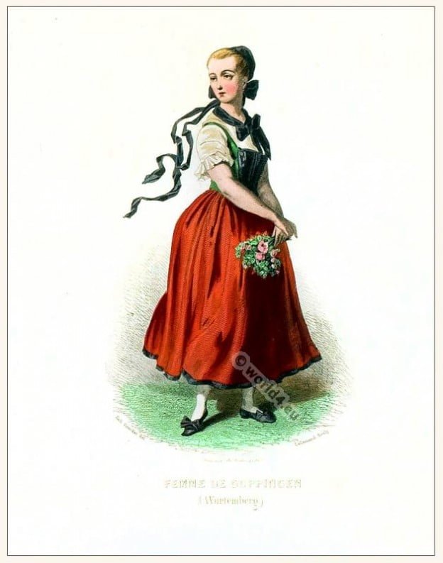 German Göppingen folk dress. Traditional German national costume. Deutsche Trachten. Baden-Württemberg Dirndl.