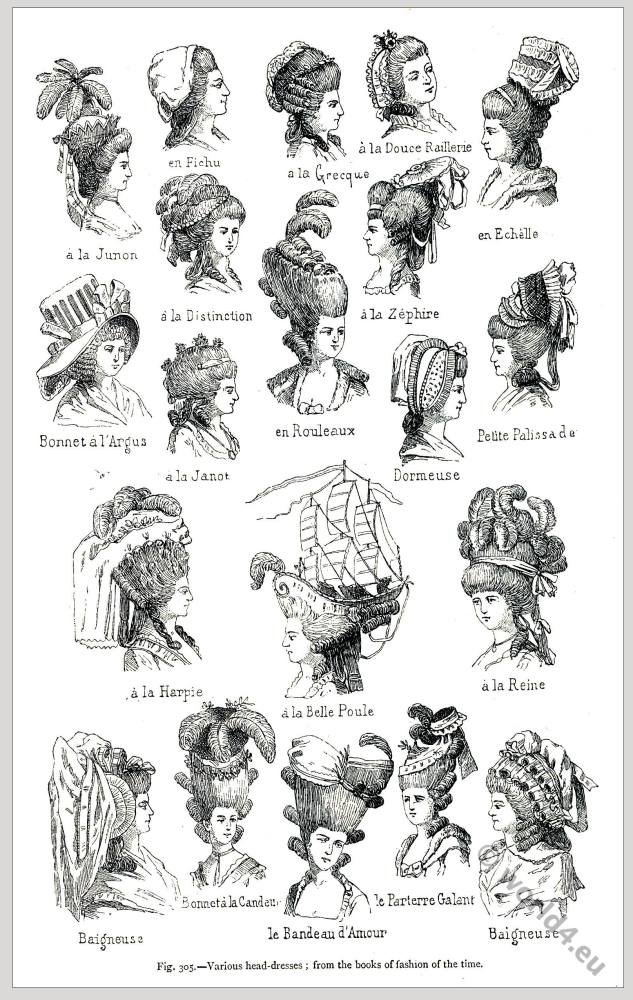 Hairstyles France 18th century. Various head-dresses.  World4