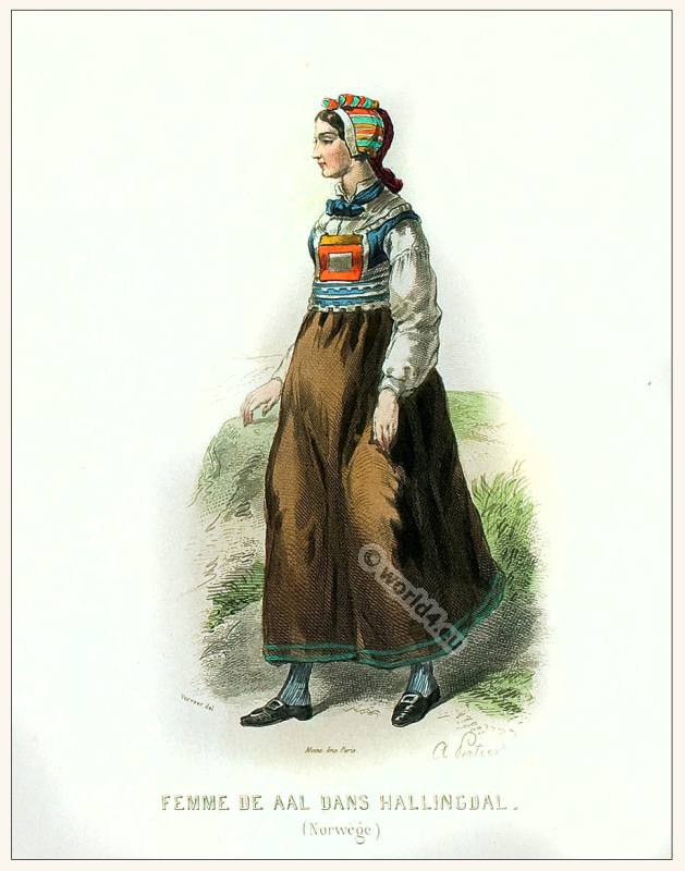 Woman from Hallingdal Buskerud clothing. Traditional Norway National costume.