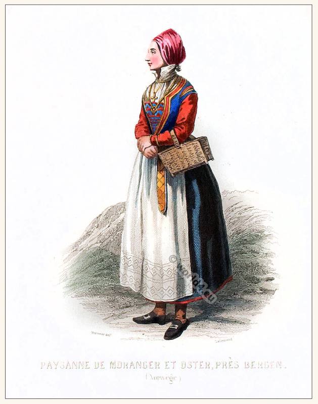 Woman clothing from Moranger Fiord Bergen. Traditional Norway National costume.