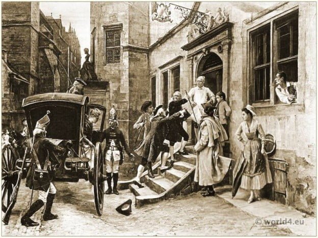 The Arrest of Voltaire.. Baroque costumes. Author of the French and European Enlightenment. French philosopher