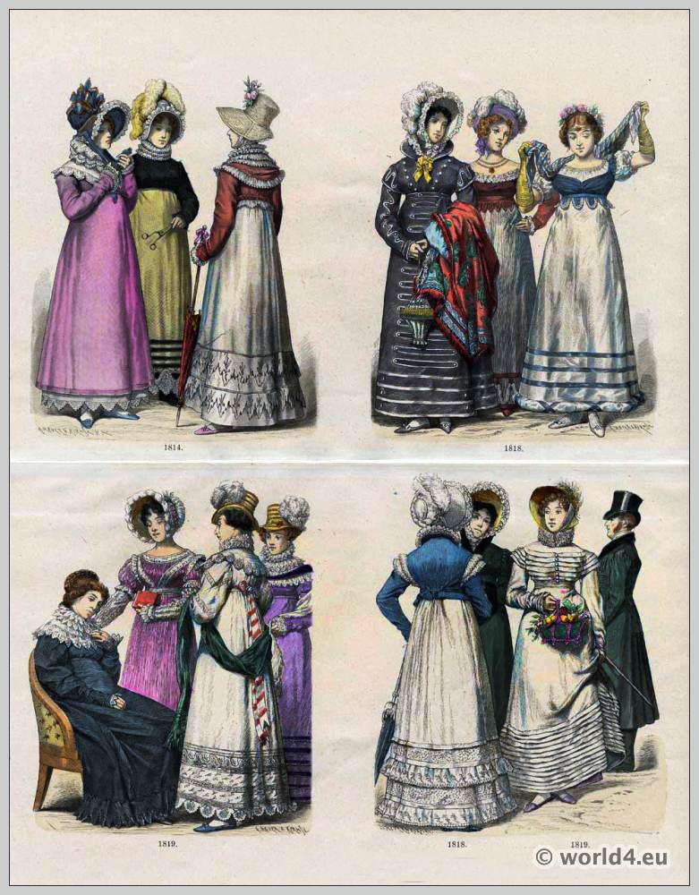 Empire costumes 19th Century. Regency Fashion of the years 1814, 1818 and 1819. Bonnets.