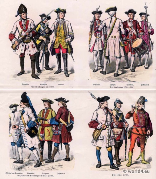 German and Austrian military uniforms. Württemberg military. Uniforms of Grenadier, Knight-Captain, Common soldier, officer, drummer and sergeant and General. Constance archiepiscopal military.