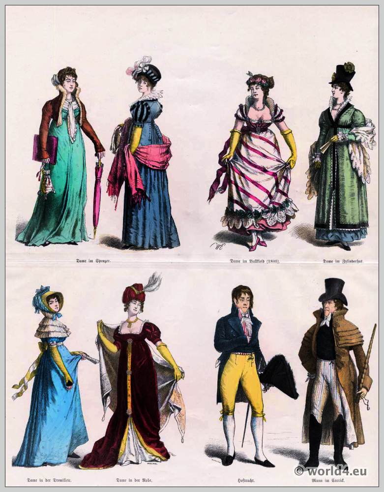 Women in spencer. Man in Carrick coat. German Empire fashion. Ball gown. Lady with cylinder hat.