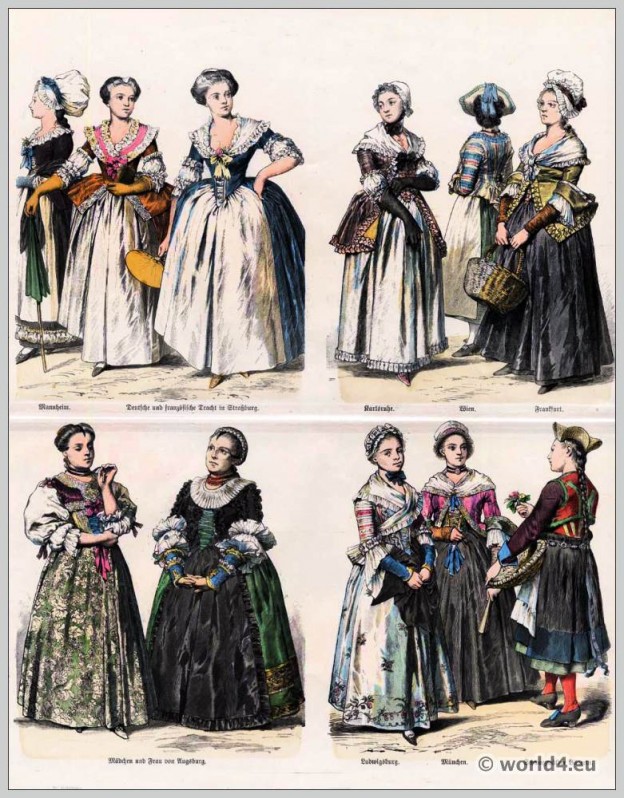German and French civil costumes from Strasbourg, Karlsruhe, Vienna, Frankfurt, Augsburg, Strasbourg, Ludwigsburg, Munich. Black Forest peasant costume.