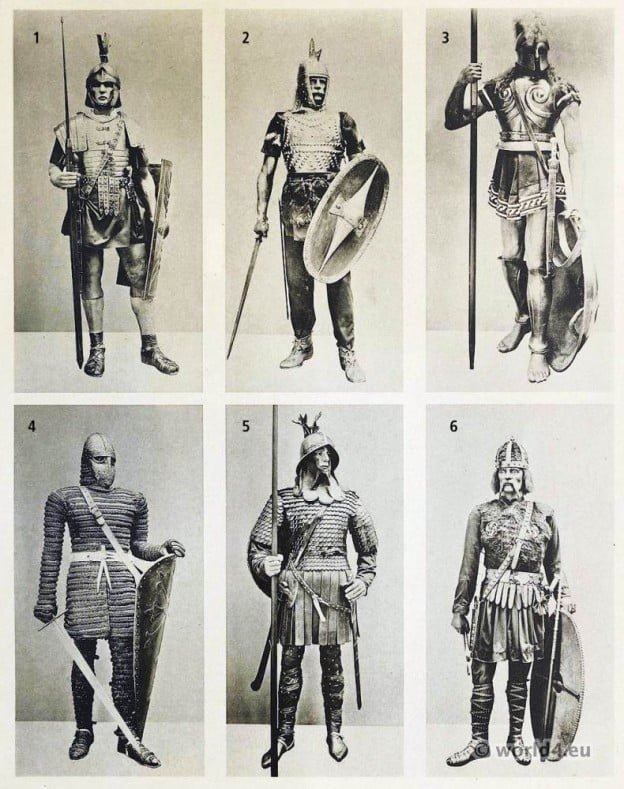 Roman legionary, Gallic warrior, Greek Hoplite Warrior, Knight of the 12th Century. Carolingian Frankish knights. Merovingian warriors