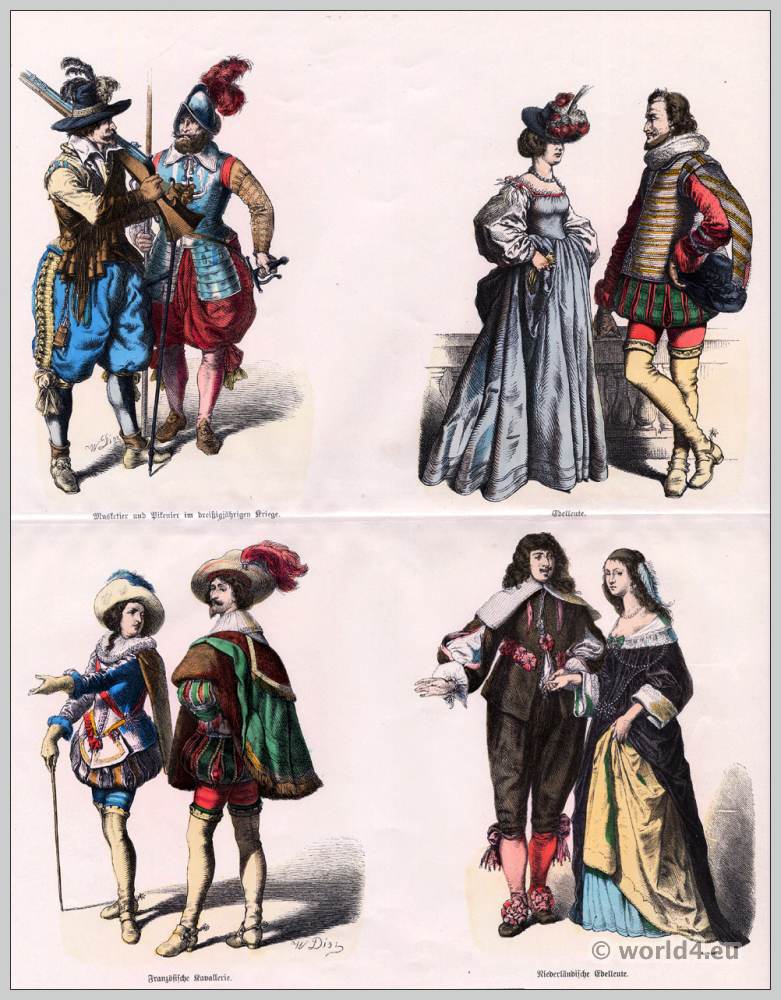 Baroque Costumes in the 17th Century. Musketeer and Pikeman dress, French Cavalry clothing. Dutch noblemen