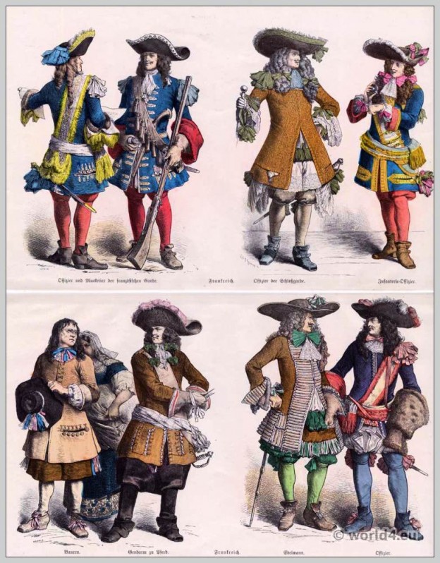 17th century Baroque Costumes Officer and Musketeer of the French Guard, Infantry Officer, Policeman, nobleman. French farmers clothing