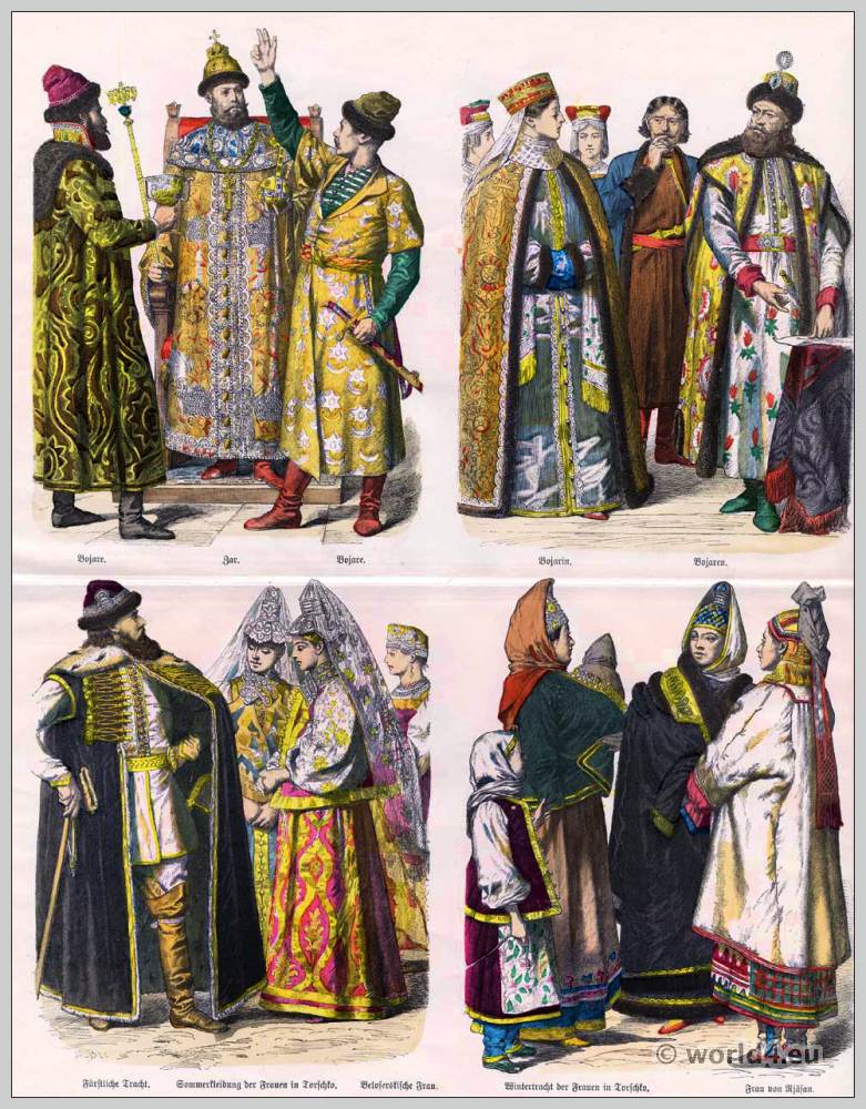 Russian Princely costumes. Tsar clothing. Boyar dress. 17th and 18th Century. Belorussian, Ryazan, Torschko woman garb