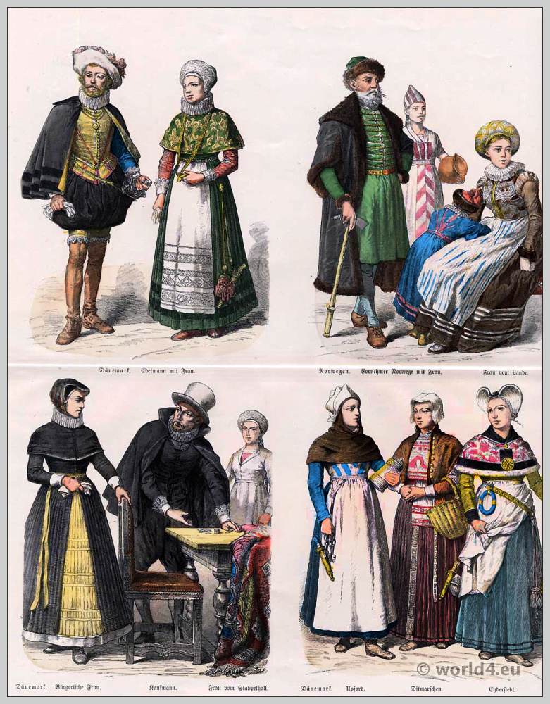 Norway and Denmark Costumes 17th Century. Danish merchant dress. Costumes from Upford, Ditmarschen and Enderstedt.