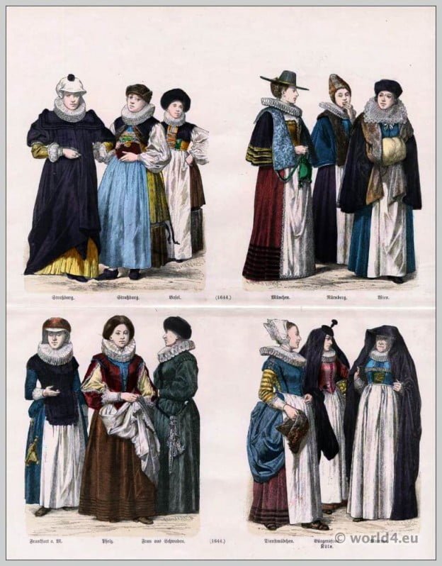 Baroque, era, German costumes, 17th Century, Matron, Maids, Frankfurt, Palatinate.