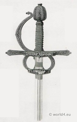 Offensive weapons. Sword 16th Century. Knights armor. Medieval military weapon