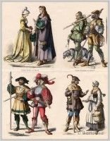 German renaissance. Costumes of scholar, citizen, mercenaries, farmers.