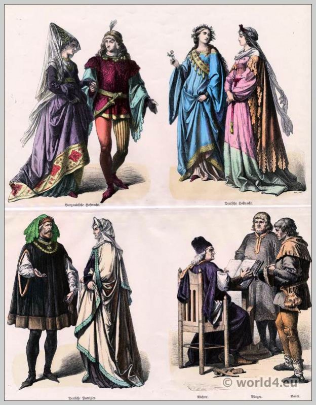 Burgundy and German fashion. 16th century costumes. Medieval clothing. Middle ages dresses.