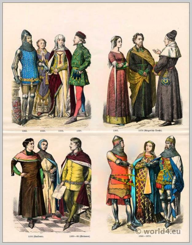 English medieval fashion in the 14th century. Gothic clothing. Middle ages dresses. Knights in armor
