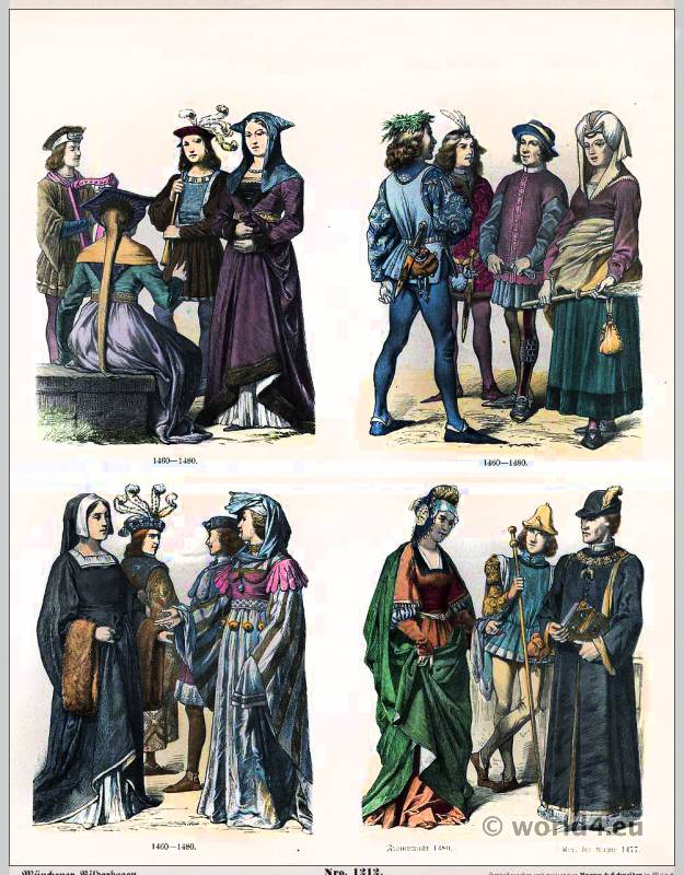 French burgundy costumes 15th Century. Renaissance fashion. Medieval clothing. Middle ages dresses.